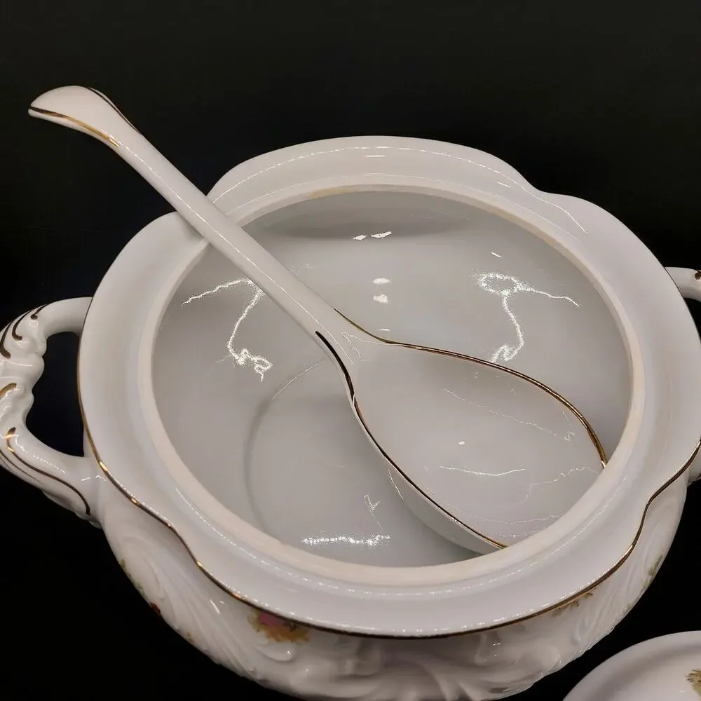 Vintage Wawel Poland Porcelain Soup Tureen Set with Lid Ladle Gold Trim China